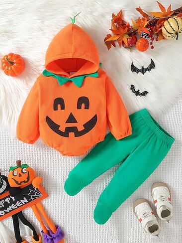 2Pcs Newborn Infant Baby Boy Girl Fleece Halloween Pumpkin Costumes Hoodie Romper Onesie Cotton Pants Outfit in Saudi Arabia