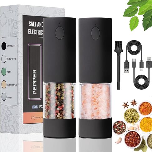 2 Pack Electric Salt and Pepper Grinder Set - USB Rechargeable Automatic Salt Pepper Mill Shaker with LED Light, Adjustable Coarseness, One Hand Operation in Saudi Arabia