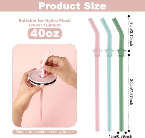3pcs Press in Straw Replacement for Hydro Flask Travel Tumbler 40/32/28/20oz, BPA Free Reusable Silicone Tumbler Straws for HydroFlask Water Bottle Lid Accessories (Blue, Pink and Green) in Saudi Arabia
