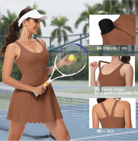 Tanou Womens Tennis Dress with Separated Shorts & Bra U Neck Golf Sleeveless Athletic Workout Scalloped Dress with 2 Pockets Peacock Blue Medium in Saudi Arabia