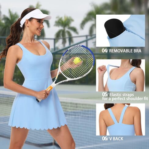 Tanou Womens Tennis Dress with Separated Shorts & Bra U Neck Golf Sleeveless Athletic Workout Scalloped Dress with 2 Pockets Peacock Blue Medium in Kuwait