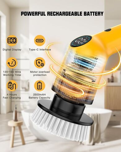 Electric Spin Scrubber Cleaning Brush - 3 Speed Adjustable Cordless Power Shower Cleaner with 4 Brush Heads and Long Handle for Bathroom Bathtub Floor Tub Tile Glass Grout in Saudi Arabia