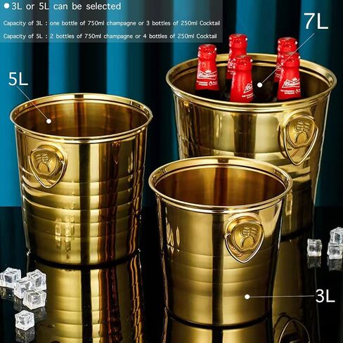 Champagne Bucket Wine Ice Bucket with Tongs Ultra-light Metal Stainless Steel Ice Bucket Gold Plated Cooler Bucket with Carry Handles for Parties Wine Beer Home Bar Chilling Supplies,7.3in,3L in Saudi Arabia