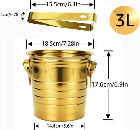 Champagne Bucket Wine Ice Bucket with Tongs Ultra-light Metal Stainless Steel Ice Bucket Gold Plated Cooler Bucket with Carry Handles for Parties Wine Beer Home Bar Chilling Supplies,7.3in,3L in Saudi Arabia