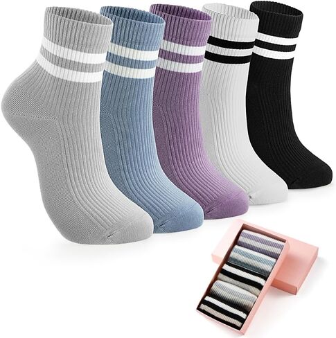 HUGSWEET Striped Retro Crew Mid Calf Socks for Women Sporty Casual Cotton Fun Novelty Socks for Women Girls or Men 5 Pairs in Saudi Arabia