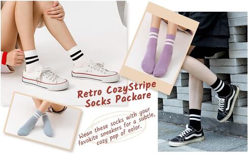 HUGSWEET Striped Retro Crew Mid Calf Socks for Women Sporty Casual Cotton Fun Novelty Socks for Women Girls or Men 5 Pairs in Saudi Arabia