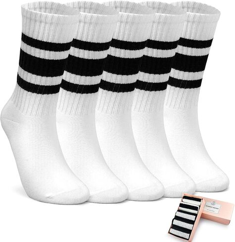 HUGSWEET Striped Retro Crew Mid Calf Socks for Women Sporty Casual Cotton Fun Novelty Socks for Women Girls or Men 5 Pairs in Saudi Arabia