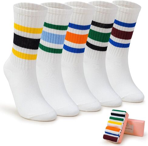 HUGSWEET Striped Retro Crew Mid Calf Socks for Women Sporty Casual Cotton Fun Novelty Socks for Women Girls or Men 5 Pairs in Saudi Arabia