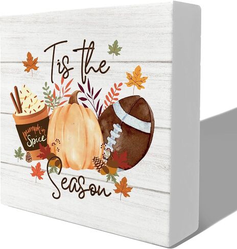 Tis the Season Fall Signs, Fall Wooden Signs, Rustic Fall Pumpkin Coffee Football Autumn Harvest Thanksgiving Wooden Box Sign for Desk Table Shelf Decor, Fall Signs for Home Decor, 5x5 Inches in Saudi Arabia