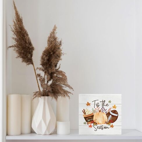 Tis the Season Fall Signs, Fall Wooden Signs, Rustic Fall Pumpkin Coffee Football Autumn Harvest Thanksgiving Wooden Box Sign for Desk Table Shelf Decor, Fall Signs for Home Decor, 5x5 Inches in Saudi Arabia