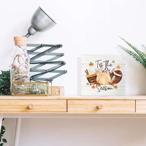 Tis the Season Fall Signs, Fall Wooden Signs, Rustic Fall Pumpkin Coffee Football Autumn Harvest Thanksgiving Wooden Box Sign for Desk Table Shelf Decor, Fall Signs for Home Decor, 5x5 Inches in Saudi Arabia