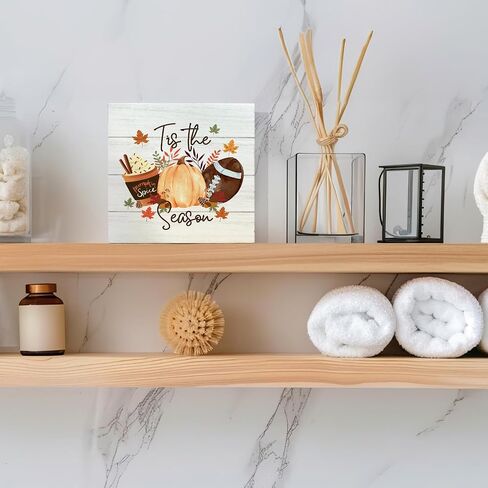 Tis the Season Fall Signs, Fall Wooden Signs, Rustic Fall Pumpkin Coffee Football Autumn Harvest Thanksgiving Wooden Box Sign for Desk Table Shelf Decor, Fall Signs for Home Decor, 5x5 Inches in Saudi Arabia