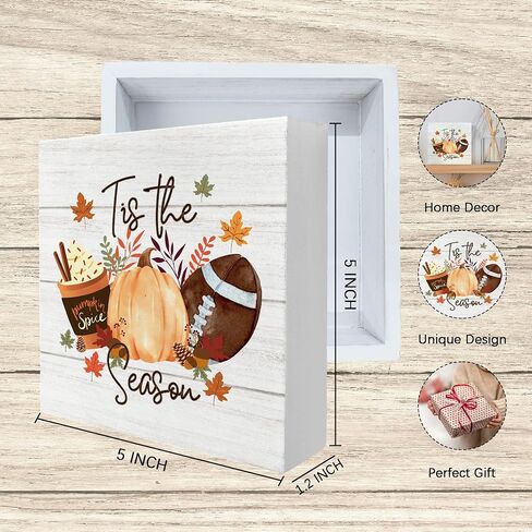 Tis the Season Fall Signs, Fall Wooden Signs, Rustic Fall Pumpkin Coffee Football Autumn Harvest Thanksgiving Wooden Box Sign for Desk Table Shelf Decor, Fall Signs for Home Decor, 5x5 Inches in Saudi Arabia