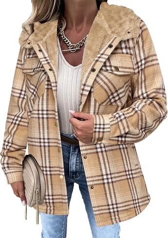 Zeagoo Womens Plaid Shacket Jacket Long Sleeve Button Down Fleece Hooded Jackets Warm Coat in Kuwait
