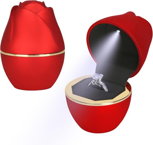 Rose Shaped Ring Gift Box with LED Light, LED Velet Jewelry Ring Stud Earring Holder Box, Jewellry Display Box for Wedding Engagement Proposal Anniversary (Red) in Saudi Arabia