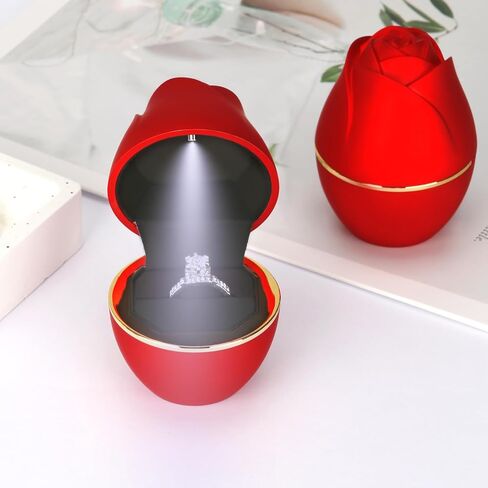 Rose Shaped Ring Gift Box with LED Light, LED Velet Jewelry Ring Stud Earring Holder Box, Jewellry Display Box for Wedding Engagement Proposal Anniversary (Red) in Saudi Arabia