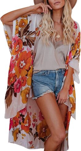 Women's Beach Cover up Swimsuit Kimono with Boho Floral Print Casual Loose Cardigans for Swimwear in Saudi Arabia