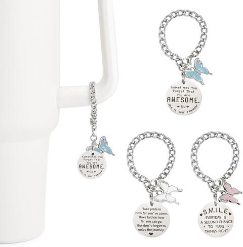 SANUIU 3Pcs Flower Chain Charms for Cup Handle, Bottle Accessories for Bottle Handle, Inspirational Words Tag with Pink, Blue, White Flower Charms, Customized Gifts for Girls, Family, Friends in Kuwait