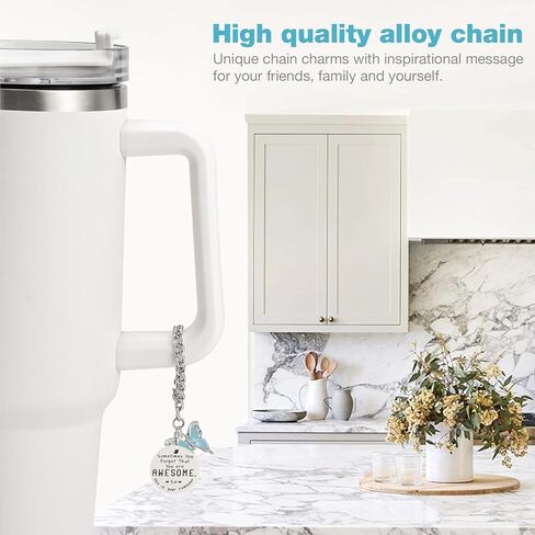 SANUIU 3Pcs Flower Chain Charms for Cup Handle, Bottle Accessories for Bottle Handle, Inspirational Words Tag with Pink, Blue, White Flower Charms, Customized Gifts for Girls, Family, Friends in Kuwait