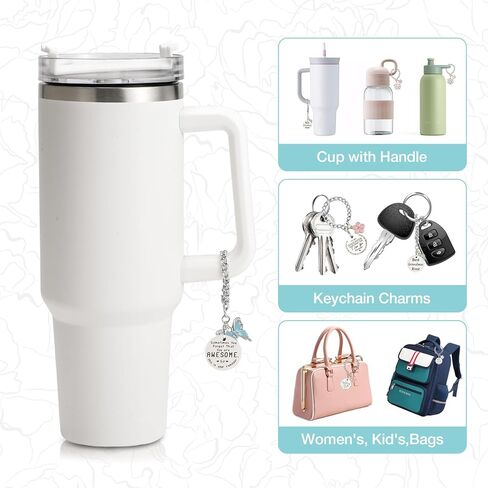 SANUIU 3Pcs Flower Chain Charms for Cup Handle, Bottle Accessories for Bottle Handle, Inspirational Words Tag with Pink, Blue, White Flower Charms, Customized Gifts for Girls, Family, Friends in Kuwait