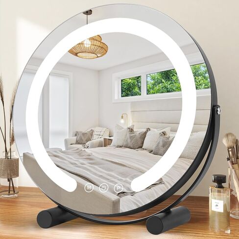 ALHAKIN 13 inch Vanity Mirror with Lights, LED Makeup Mirror with Lights, Smart Touch Control 3 Colors Dimmable Round Lighted Makeup Mirror for Bedroom Tabletop (Black) in Saudi Arabia