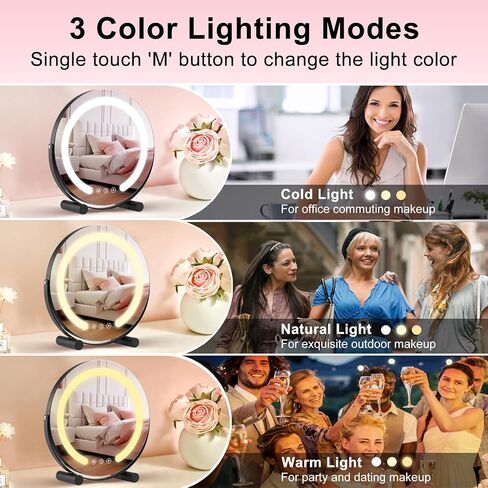 ALHAKIN 13 inch Vanity Mirror with Lights, LED Makeup Mirror with Lights, Smart Touch Control 3 Colors Dimmable Round Lighted Makeup Mirror for Bedroom Tabletop (Black) in Saudi Arabia