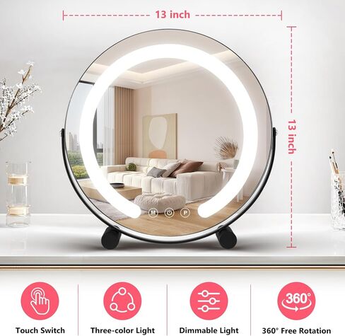ALHAKIN 13 inch Vanity Mirror with Lights, LED Makeup Mirror with Lights, Smart Touch Control 3 Colors Dimmable Round Lighted Makeup Mirror for Bedroom Tabletop (Black) in Saudi Arabia