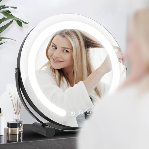 ALHAKIN 13 inch Vanity Mirror with Lights, LED Makeup Mirror with Lights, Smart Touch Control 3 Colors Dimmable Round Lighted Makeup Mirror for Bedroom Tabletop (Black) in Saudi Arabia
