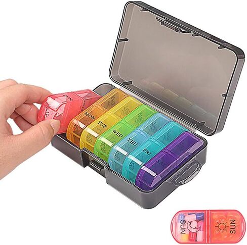 Weekly Pill Case Organizer, Twice a Day, Travel AM PM Vitamin Reminder, Colorful 14 Compartments with Canvas Box, Portable Daily Medicine Dispenser Planner for Supplement, Fish Oil, Capsule in Saudi Arabia