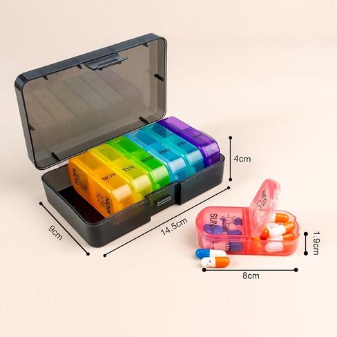 Weekly Pill Case Organizer, Twice a Day, Travel AM PM Vitamin Reminder, Colorful 14 Compartments with Canvas Box, Portable Daily Medicine Dispenser Planner for Supplement, Fish Oil, Capsule in Saudi Arabia