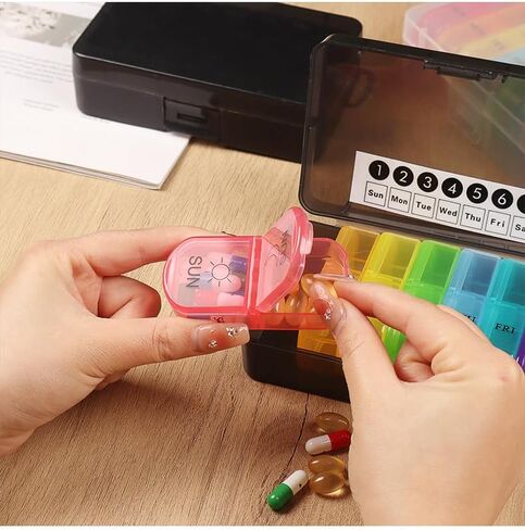 Weekly Pill Case Organizer, Twice a Day, Travel AM PM Vitamin Reminder, Colorful 14 Compartments with Canvas Box, Portable Daily Medicine Dispenser Planner for Supplement, Fish Oil, Capsule in Saudi Arabia