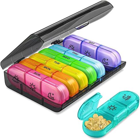 Weekly Pill Case Organizer, Twice a Day, Travel AM PM Vitamin Reminder, Colorful 14 Compartments with Canvas Box, Portable Daily Medicine Dispenser Planner for Supplement, Fish Oil, Capsule in Saudi Arabia