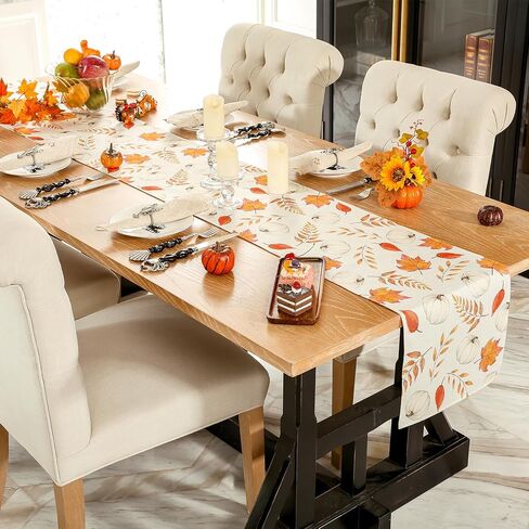 U'Artlines Fall Table Runner, Thanksgiving Autumn Harvest White Pumpkins Maple Leaves Table Runners for Holiday Party Home Dining Table Decorations, 13x72 Inch in Saudi Arabia