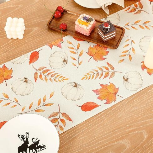 U'Artlines Fall Table Runner, Thanksgiving Autumn Harvest White Pumpkins Maple Leaves Table Runners for Holiday Party Home Dining Table Decorations, 13x72 Inch in Saudi Arabia