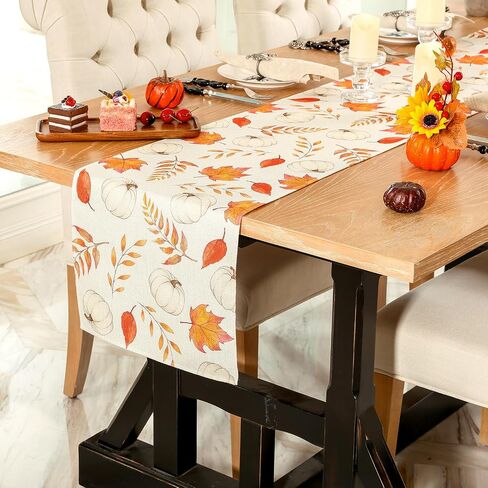 U'Artlines Fall Table Runner, Thanksgiving Autumn Harvest White Pumpkins Maple Leaves Table Runners for Holiday Party Home Dining Table Decorations, 13x72 Inch in Saudi Arabia