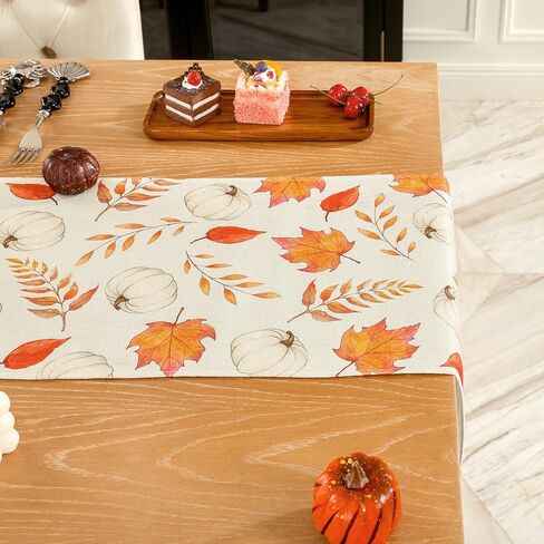 U'Artlines Fall Table Runner, Thanksgiving Autumn Harvest White Pumpkins Maple Leaves Table Runners for Holiday Party Home Dining Table Decorations, 13x72 Inch in Saudi Arabia