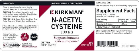 Kirkman N-Acetyl Cysteine100 mg - Hypoallergenic || NAC || 100 Vegetarian Capsules || Gluten and Casein Free || Antioxidant || Supports Immune System Response. in Saudi Arabia