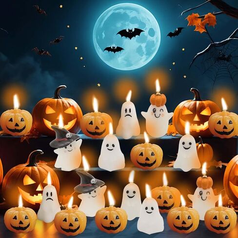 20 PCS Halloween Ghost Candles, Pumpkin and Ghost Scented Candles White Candles Spooky Candles, Mini Ghost Candles Pumpkin Shaped Candles for Home Halloween Party Decor in Saudi Arabia