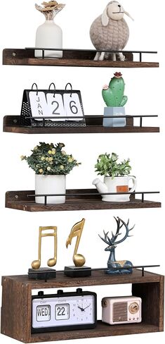 WONFUlity Bathroom Shelves, Wall Shelves with Storage Basket, Floating Shelves with Over Toilet Paper Holder, Farmhouse Wood Wall Shelves for Living Room, Bedroom, Kitchen,Wall Décor (4 Walnut) in Saudi Arabia
