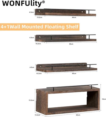 WONFUlity Bathroom Shelves, Wall Shelves with Storage Basket, Floating Shelves with Over Toilet Paper Holder, Farmhouse Wood Wall Shelves for Living Room, Bedroom, Kitchen,Wall Décor (4 Walnut) in Saudi Arabia