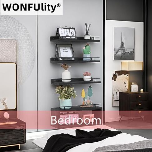 WONFUlity Bathroom Shelves, Wall Shelves with Storage Basket, Floating Shelves with Over Toilet Paper Holder, Farmhouse Wood Wall Shelves for Living Room, Bedroom, Kitchen,Wall Décor (4 Walnut) in Saudi Arabia