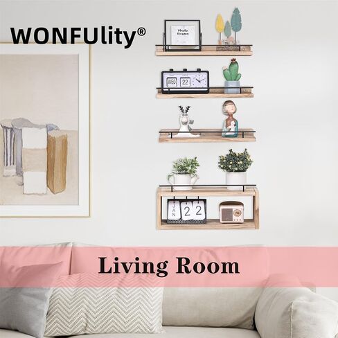 WONFUlity Bathroom Shelves, Wall Shelves with Storage Basket, Floating Shelves with Over Toilet Paper Holder, Farmhouse Wood Wall Shelves for Living Room, Bedroom, Kitchen,Wall Décor (4 Walnut) in Saudi Arabia