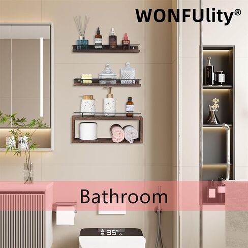 WONFUlity Bathroom Shelves, Wall Shelves with Storage Basket, Floating Shelves with Over Toilet Paper Holder, Farmhouse Wood Wall Shelves for Living Room, Bedroom, Kitchen,Wall Décor (4 Walnut) in Saudi Arabia
