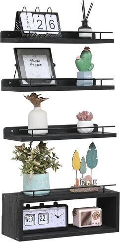 WONFUlity Bathroom Shelves, Wall Shelves with Storage Basket, Floating Shelves with Over Toilet Paper Holder, Farmhouse Wood Wall Shelves for Living Room, Bedroom, Kitchen,Wall Décor (4 Walnut) in Saudi Arabia