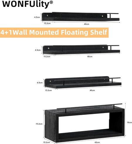 WONFUlity Bathroom Shelves, Wall Shelves with Storage Basket, Floating Shelves with Over Toilet Paper Holder, Farmhouse Wood Wall Shelves for Living Room, Bedroom, Kitchen,Wall Décor (4 Walnut) in Saudi Arabia