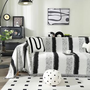 Booque Valley Soft Thick Chenille Sofa Cover Oversized Boho Striped Slipcover for Couch Pet Friendly Pill-Resistant Reversible Sofa Protector for Living Room (Large, 72" x 120", Black and White)