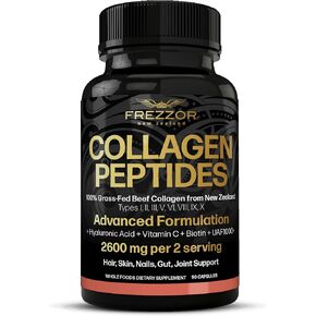 FREZZOR Collagen Peptides with UAF1000+, 100% Grass-Fed New Zealand Cattle Source, Hydrolyzed, Joint, Skin, Hair & Nail Support, Amino Acids, Anti-Aging, 90 Capsules, 1 Bottle