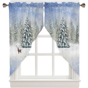 Christmas Curtains Swag Valance Elk Winter Snowing Snowflakes Xmas Tree Rod Pocket Kitchen Curtains Winter Holiday Window Valances Swag Curtains for Christmas Decorations, 1 Pair, 28"W x 36"L