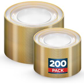 200 Gold Plastic Plates Set,100 Pcs 10 Inch Clear Plastic Dinner Plates and 100 Pcs 7 Inch Plastic Dessert Plates, Elegant Fancy Heavy Duty Disposable Plates for Party, Wedding, Clear with Gold Rim