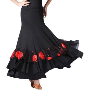 Women's Sequins Floral Dance Ballroom Long Swing Practice Performance Skirts, Black+Red